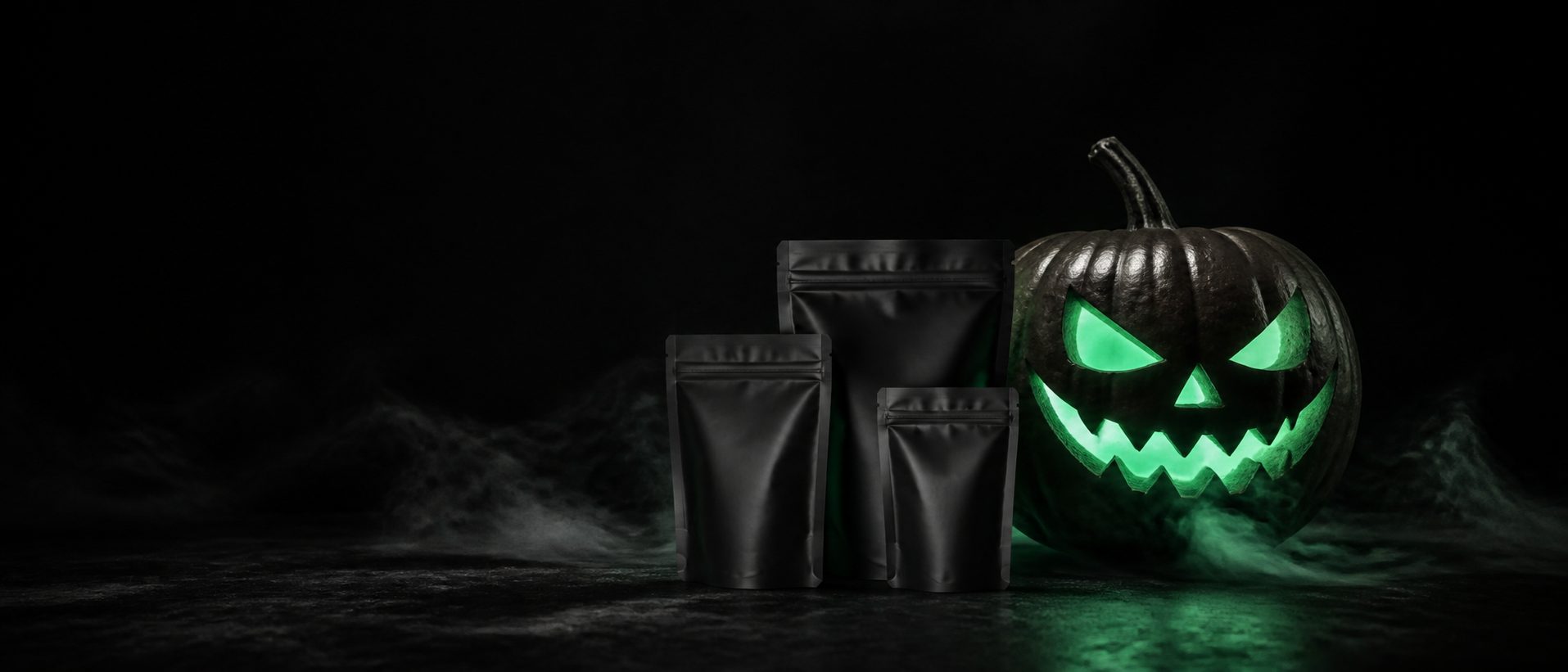 Kürbis in grünem Licht mit schwarzen Beuteln – Halloween-Aktion