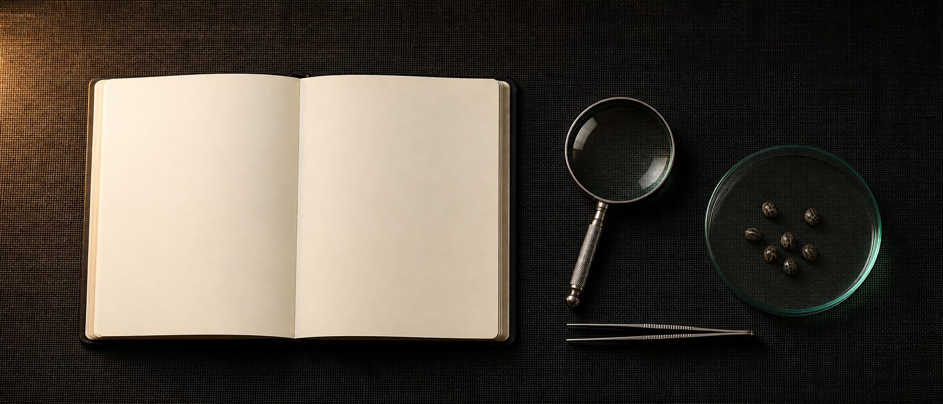 Flatlay mit Notizbuch und Lupe – Recherche für Grow-Wissen