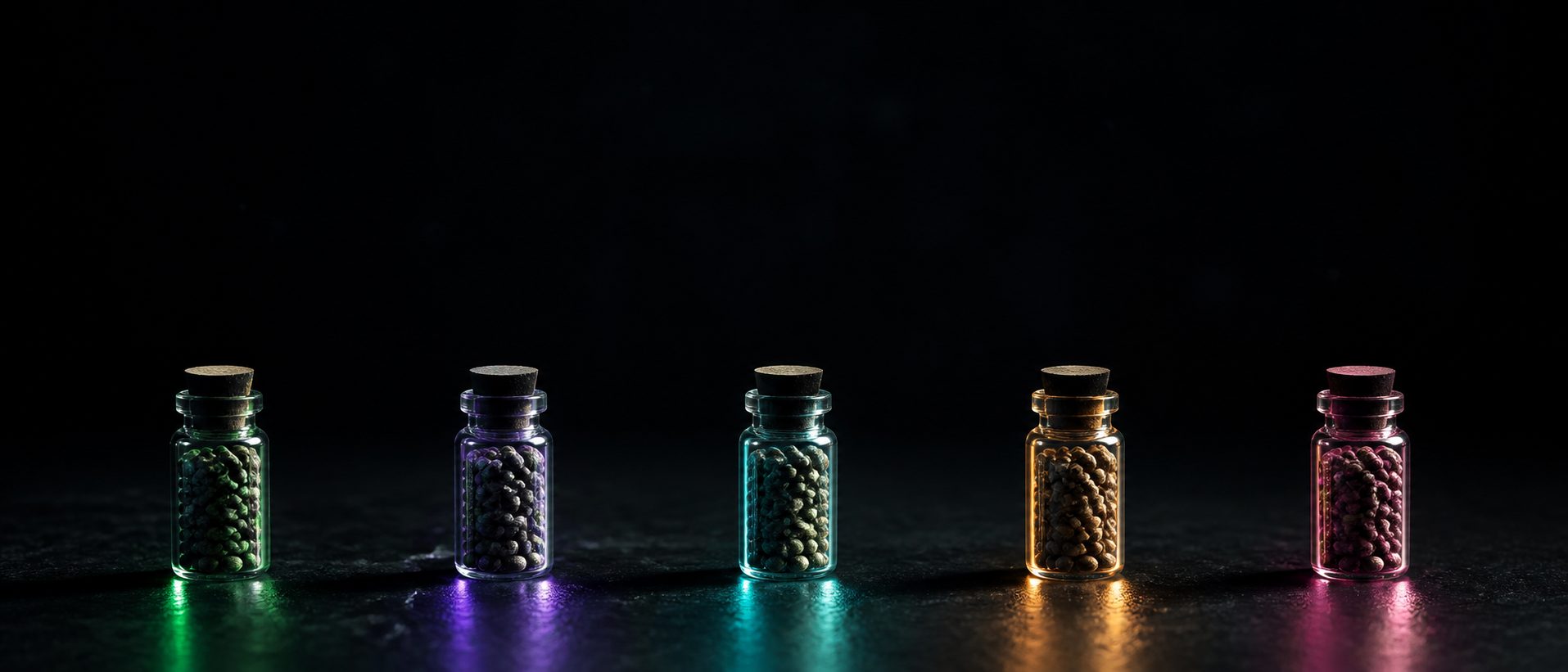 Glasfläschchen mit Cannabis-Genetik in farbigem Licht
